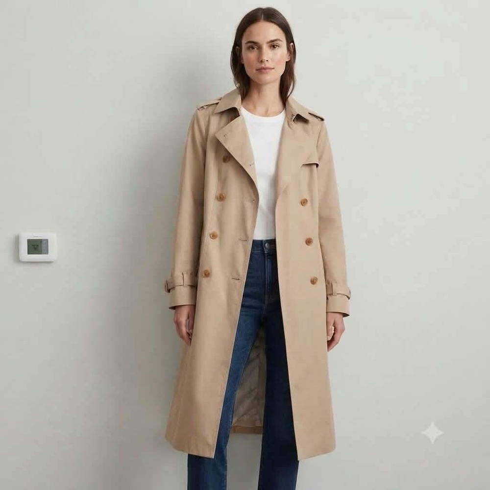 Banana Republic Trench Coat Women XL Tan Double Breasted Classic Belted Long
